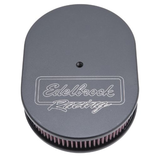 Bild von Edelbrock Air Cleaner Victor Series Oval Aluminum Top Cloth Element 11 875In X 8 25In X 3 75In Black